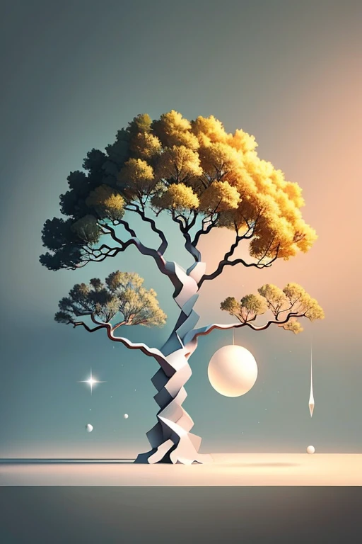 Surrealistic Minimalistic Scene: A solitary, ethereal tree stands tall against an endless, empty canvas of white. The tree, with its gnarled roots and spindly branches, seems to defy the rules of gravity and space, as it stretches towards an unseen horizon. A single, glowing orb hovers above the branches, casting an otherworldly light on the scene. The minimalistic backdrop, devoid of any other elements, enhances the surrealistic beauty of the tree, creating a hauntingly serene atmosphere.