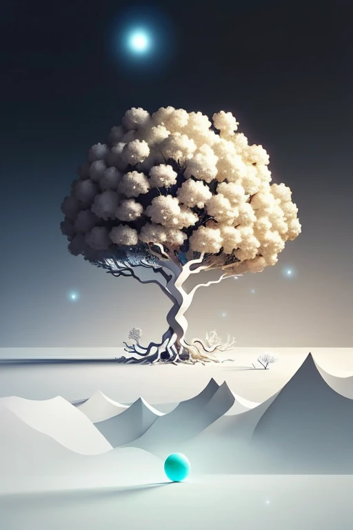 Surrealistic Minimalistic Scene: A solitary, ethereal tree stands tall against an endless, empty canvas of white. The tree, with its gnarled roots and spindly branches, seems to defy the rules of gravity and space, as it stretches towards an unseen horizon. A single, glowing orb hovers above the branches, casting an otherworldly light on the scene. The minimalistic backdrop, devoid of any other elements, enhances the surrealistic beauty of the tree, creating a hauntingly serene atmosphere.