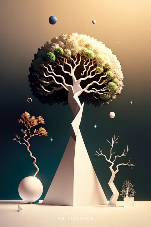 Surrealistic Minimalistic Scene: A solitary, ethereal tree stands tall against an endless, empty canvas of white. The tree, with its gnarled roots and spindly branches, seems to defy the rules of gravity and space, as it stretches towards an unseen horizon. A single, glowing orb hovers above the branches, casting an otherworldly light on the scene. The minimalistic backdrop, devoid of any other elements, enhances the surrealistic beauty of the tree, creating a hauntingly serene atmosphere.