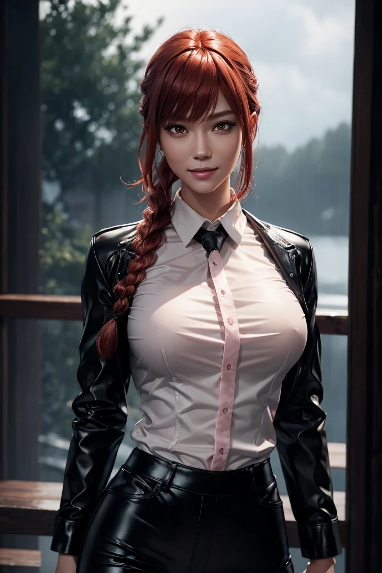 Chainsaw Man,Makima,With bangs,Red Hair,Braids at the back,Golden Eyes,White long sleeve shirt,Black tie,Black Leather Pants,Ultra HD,super high quality,masterpiece,Digital SLR,Photorealistic,Detailed details,Vivid details,Depicted in detail,A detailed face,Detailed details,Super Detail,Realistic skin texture,Anatomical basis,Perfect Anatomy,Anatomically correct hand,Anatomically correct fingers,Complex 3D rendering,Sexy pose,Rainy Sky,Beautiful scenery,Fantastic rainy sky,Picturesque,Pink Lips,smile,