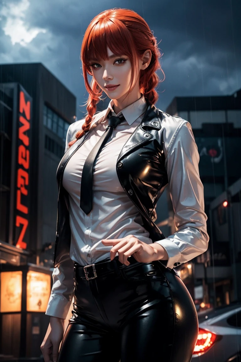 Chainsaw Man,Makima,With bangs,Red Hair,Braids at the back,Golden Eyes,White long sleeve shirt,Black tie,Black Leather Pants,Ultra HD,super high quality,masterpiece,Digital SLR,Photorealistic,Detailed details,Vivid details,Depicted in detail,A detailed face,Detailed details,Super Detail,Realistic skin texture,Anatomical basis,Perfect Anatomy,Anatomically correct hand,Anatomically correct fingers,Complex 3D rendering,Sexy pose,Rainy Sky,Beautiful scenery,Fantastic rainy sky,Picturesque,Pink Lips,smile,