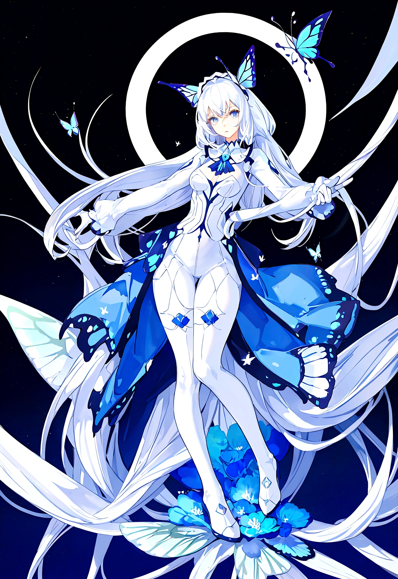 Character (woman) (white long hair) (white mini-style clothing) (character in dynamic pose) (full body) (smooth color blend) (proper body proportion) (blue morph butterfly around)