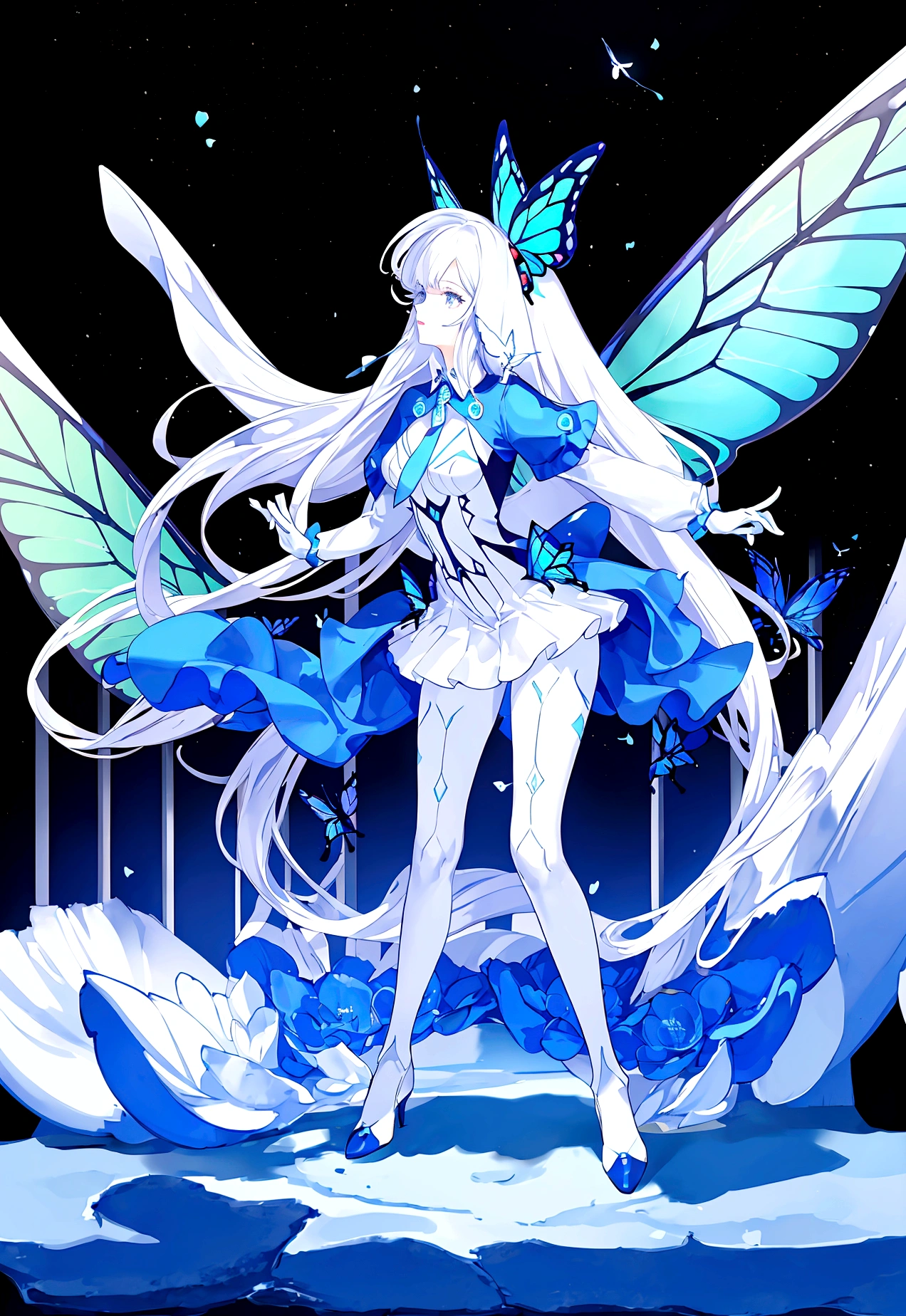 Character (woman) (white long hair) (white mini-style clothing) (character in dynamic pose) (full body) (smooth color blend) (proper body proportion) (blue morph butterfly around)