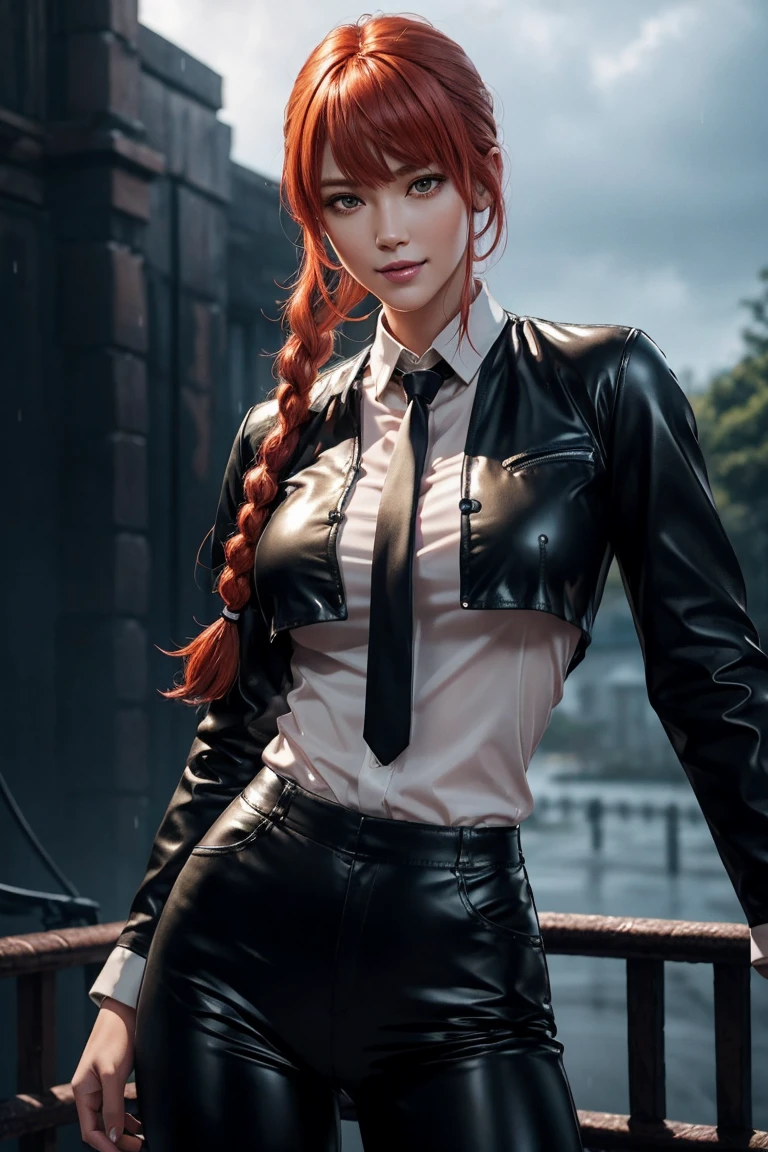 Chainsaw Man,Makima,With bangs,Red Hair,Braids at the back,Golden Eyes,White long sleeve shirt,Black tie,Black Leather Pants,Ultra HD,super high quality,masterpiece,Digital SLR,Photorealistic,Detailed details,Vivid details,Depicted in detail,A detailed face,Detailed details,Super Detail,Realistic skin texture,Anatomical basis,Perfect Anatomy,Anatomically correct hand,Anatomically correct fingers,Complex 3D rendering,Sexy pose,Rainy Sky,Beautiful scenery,Fantastic rainy sky,Picturesque,Pink Lips,smile,