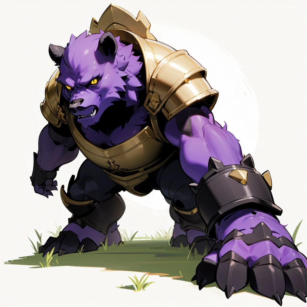 (Random Evolution, Colossal bear mixed purple ogre), armor body, full body version, full black and white colour skins, (gold eyes), (Grassroots), no background