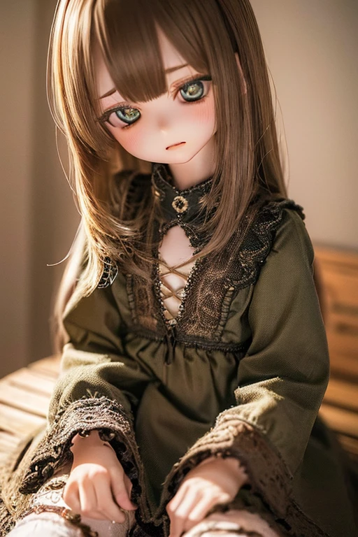photorealistic, realistic photo, ((highest quality)), ((masterpiece)), kukolnydom, doll, 1girl, solo, ((cowboy shot)), sitting on crate, skinny, slender, slim, green eyes, brown hair, parted lips, (looking down, blank eyes, empty eyes, detailed eyes:1.3), dress, warehouse, 8k