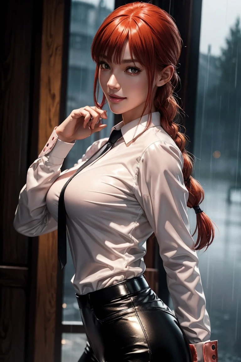 Chainsaw Man,Makima,With bangs,Red Hair,Braids at the back,Golden Eyes,White long sleeve shirt,Black tie,Black Leather Pants,Ultra HD,super high quality,masterpiece,Digital SLR,Photorealistic,Detailed details,Vivid details,Depicted in detail,A detailed face,Detailed details,Super Detail,Realistic skin texture,Anatomical basis,Perfect Anatomy,Anatomically correct hand,Anatomically correct fingers,Complex 3D rendering,Sexy pose,Rainy Sky,Beautiful scenery,Fantastic rainy sky,Picturesque,Pink Lips,smile,