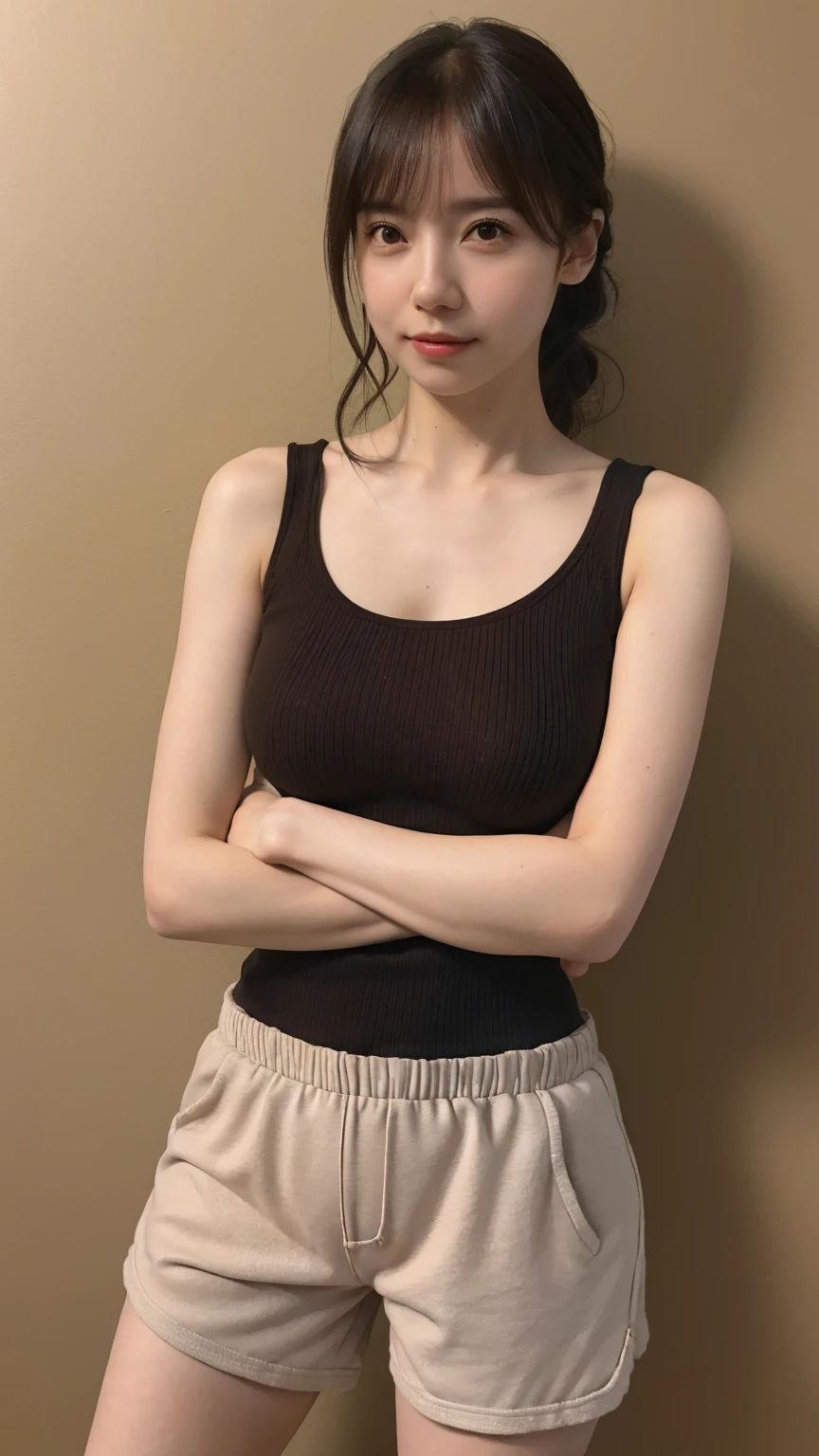 (best quality:1.4), (ultra highres:1.2), (photorealistic:1.4), (16k, RAW photo:1.2),(portrait shot:1.3), bmangpor, 1girl, solo, medium hair, brown hair, ((crossed arms)), knit tank top, short pants, natural big breast:1.3, ((Half body shoot into knees)), detailed wall background, medium shoulder.