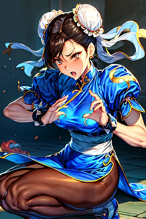 Chun-Li from Street Fight II,Chun-Li Costume,Blue Chinese dress with gold lines,Bunhead、Highest quality, 超High resolution、(High resolution)、(8K)、(Very detailed),Diagonal bangs、masterpiece, Highest quality, masterpiece, Highest quality, Brown eyes with white sclera, Bad move -5, alone, 1 Girl, Brown Hair, From SF2, Muscular woman, Blue clothes, pantyhose, Pelvic Curtain, Puff short sleeves.
Both hands tied with rope。
Both legs are tied with ropes。
On one knee。
pantyhoseは切り刻まれている。
The blue cheongsam is cut into pieces。
Bleeding from arms or legs。
Crippling。
I am in agony。
engulfed in flames。