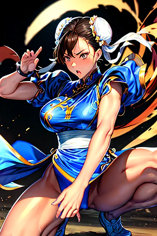 Chun-Li from Street Fight II,Chun-Li Costume,Blue Chinese dress with gold lines,Bunhead、Highest quality, 超High resolution、(High resolution)、(8K)、(Very detailed),Diagonal bangs、masterpiece, Highest quality, masterpiece, Highest quality, Brown eyes with white sclera, Bad move -5, alone, 1 Girl,  Brown Hair, From SF2,  Muscular woman, Blue clothes, pantyhose, Pelvic Curtain, Puff short sleeves.
Both hands tied with rope。
Both legs are tied with ropes。
On one knee。
pantyhoseは切り刻まれている。
The blue cheongsam is cut into pieces。
Bleeding from arms or legs。
Crippling。
I am in agony。
engulfed in flames。