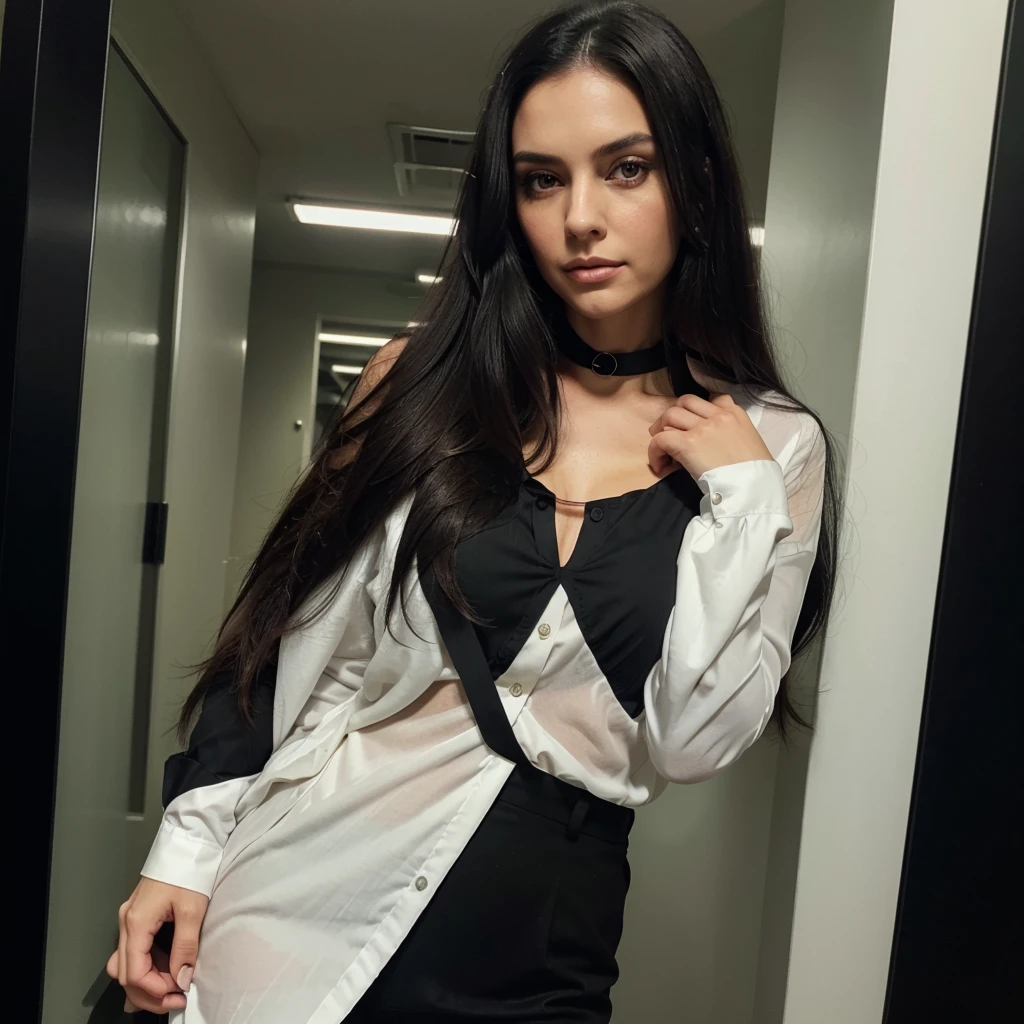 I want you to create a serious working woman with a dark brunette color, medium height, weighing 70 kilos, eye color black and with closed clothing, modern and well-behaved, closed blouse with no neckline, clothing color green, very long black hair