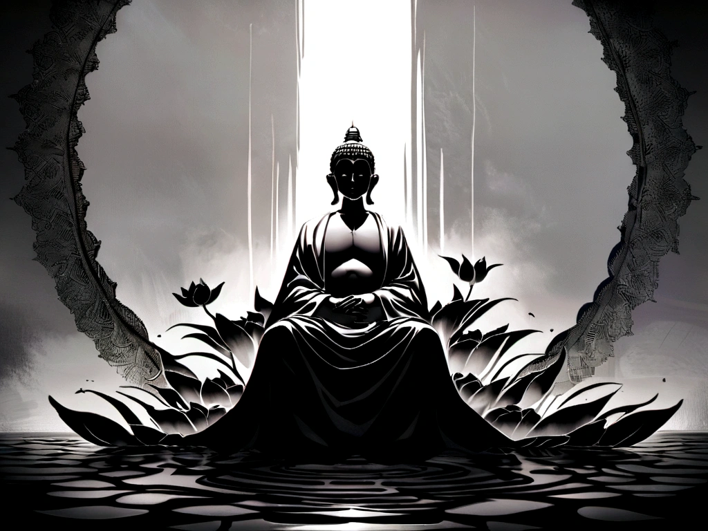 Bouddha regardant vers le bas, assis sur une fleur de lotus. Contraste Cascade 8K1:1