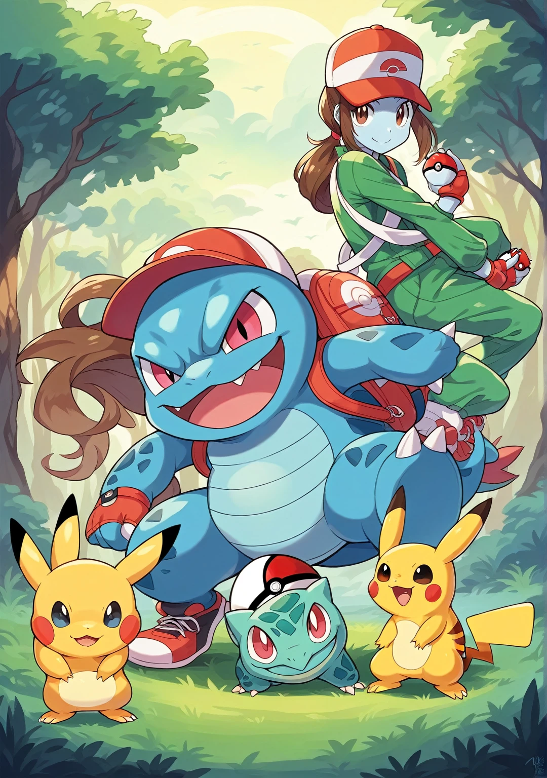 (Highly detailed CG Unity 8K wallpaper), (masterpiece), (highest quality), (super detailed), (best illustrations), (best shadow), 1 person (user photo inserted), trainer, Pokémon universe, various Pokémon (Pikachu, Charmander, Bulbasaur, Squirtle), Poké Balls, vibrant city background, forest, battle arena, dynamic pose, holding a Poké Ball, fingerless gloves, baseball cap, backpack, colorful environment, smiling, interacting with Pokémon, looking at the viewer, Pokémon on the shoulder, detailed background, iconic Pokémon elements, immersive adventure.