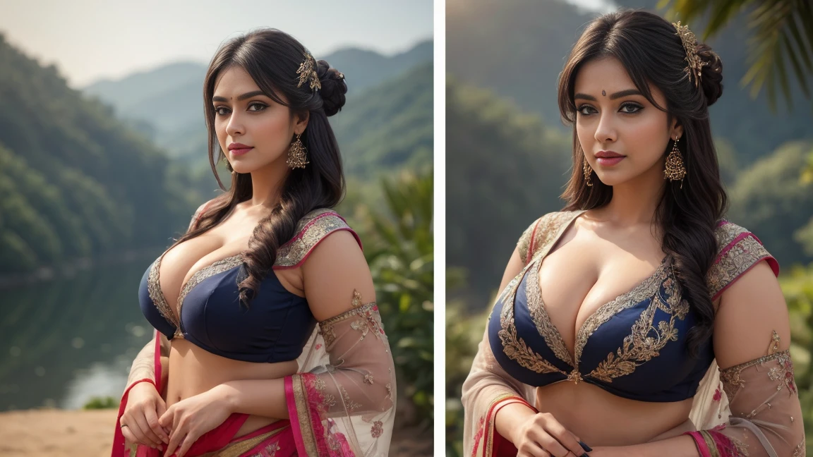 (((((((A)))))))half body of confident-looking Bangladesh woman with long and thick hair, (masterpiece, best quality:1.2), ((((((solo)))))), ((((((1girl)))))), ((looking at camera)), hazel eyes, a smile on the face, royal and lusty look, standing posing like a professional model for a photoshoot, (((Huge Boobs))), perfect composition and light, hyper realistic skin texture, super background decorations detailed, 8k, high quality, trending art, trending on art station, photo, intricate details, highly detailed, ((((Cropped Breast Wear)))), (((Nellum Valley background)))), (((wearing a bright colour Saree with designs and patterns with sleeves))), (((((big sexy body shape))))), (((Nellum Valley background behind her))), (((Portrait Fashion Photo))), hair bobbles, wince, solid circle eyes, light smile, ear blush, fang, ccurate, makeup, hairband, dark blue hair, double bun, Surrealism, drop shadow, anaglyph, stereogram, tachi-e, pov, atmospheric perspective, glowing light, backlighting, ray tracing, image fill, anaglyph, stereogram, scanlines, speed lines, silhouette, vignetting, 8k, super detail, best quality