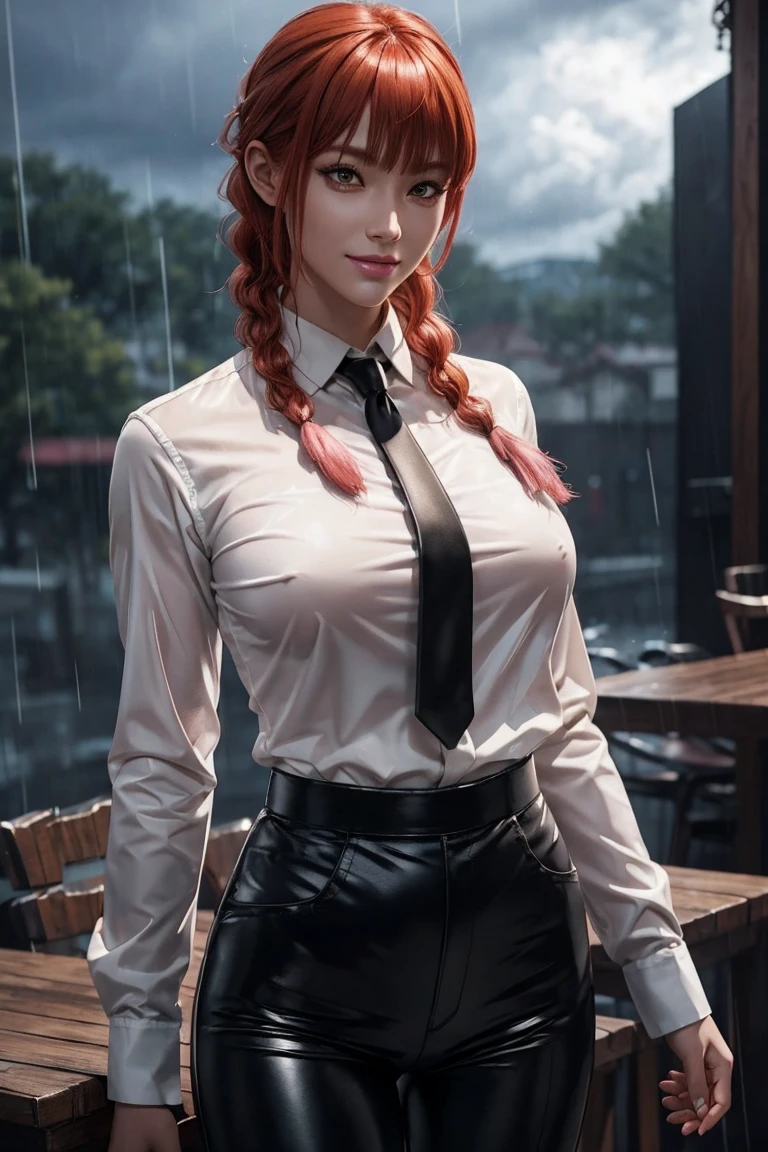 Chainsaw Man,Makima,With bangs,Red Hair,Braids at the back,Golden Eyes,White long sleeve shirt,Black tie,Black Leather Pants,Ultra HD,super high quality,masterpiece,Digital SLR,Photorealistic,Detailed details,Vivid details,Depicted in detail,A detailed face,Detailed details,Super Detail,Realistic skin texture,Anatomical basis,Perfect Anatomy,Anatomically correct hand,Anatomically correct fingers,Complex 3D rendering,Sexy pose,Rainy Sky,Beautiful scenery,Fantastic rainy sky,Picturesque,Pink Lips,smile,