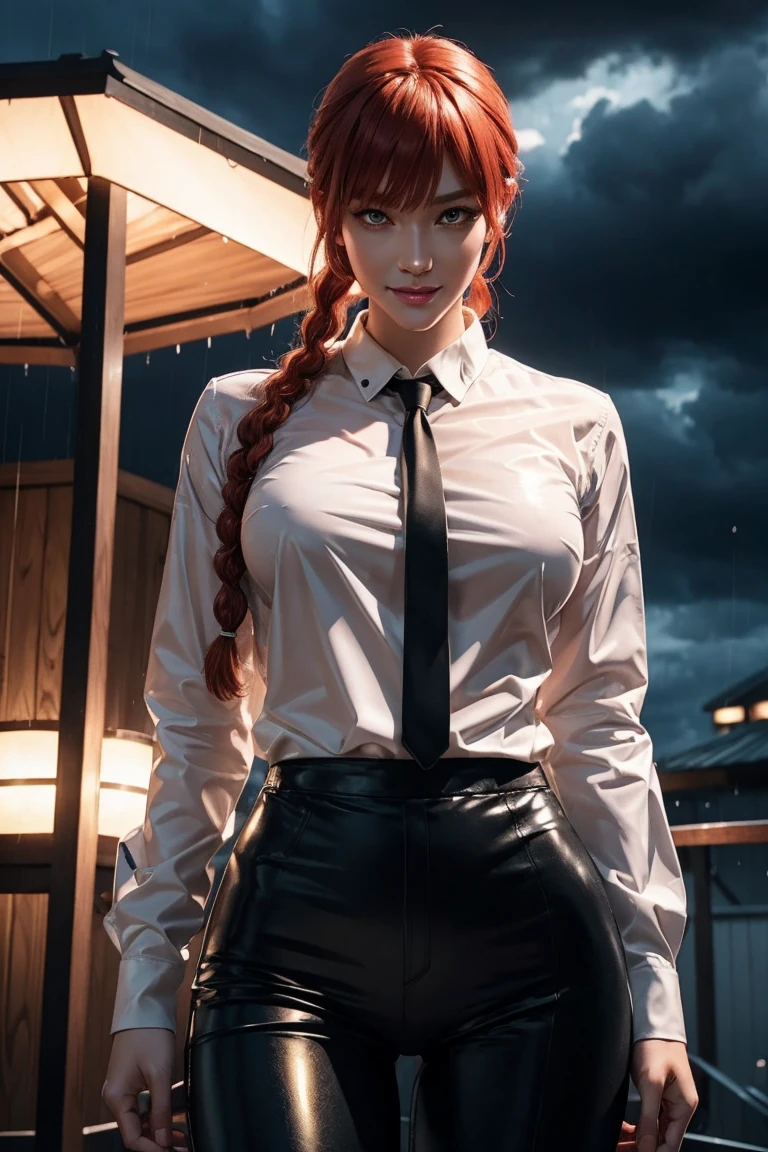 Chainsaw Man,Makima,With bangs,Red Hair,Braids at the back,Golden Eyes,White long sleeve shirt,Black tie,Black Leather Pants,Ultra HD,super high quality,masterpiece,Digital SLR,Photorealistic,Detailed details,Vivid details,Depicted in detail,A detailed face,Detailed details,Super Detail,Realistic skin texture,Anatomical basis,Perfect Anatomy,Anatomically correct hand,Anatomically correct fingers,Complex 3D rendering,Sexy pose,Rainy Sky,Beautiful scenery,Fantastic rainy sky,Picturesque,Pink Lips,smile,