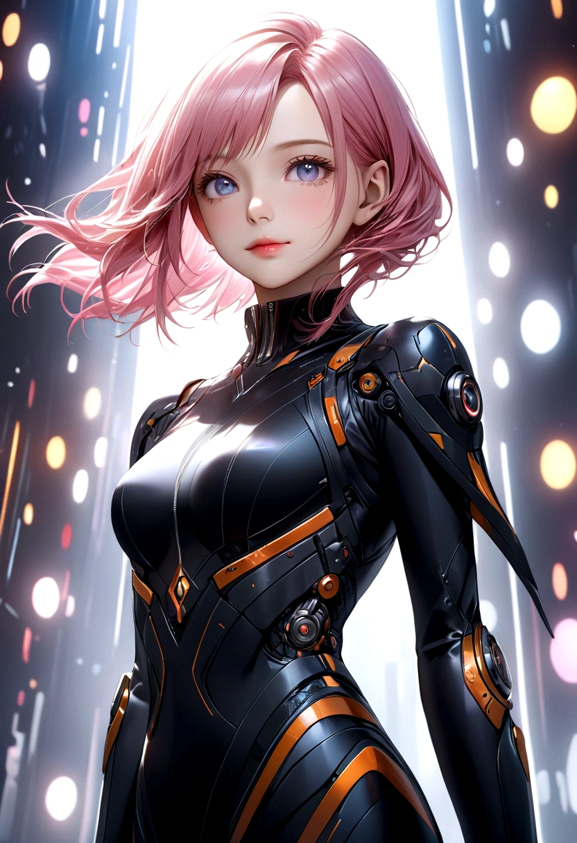 A girl with pink hair, beautiful detailed eyes, beautiful detailed lips, extremely detailed face, long eyelashes, wearing a black futuristic outfit, standing confidently in a dark futuristic setting, light smile, 4k, best quality, 8k, highres, masterpiece:1.2, ultra-detailed, realistic, photorealistic:1.37, HDR, studio lighting, ultra-fine painting, sharp focus, physically-based rendering, extreme detail description, professional, vivid colors, bokeh, anime style