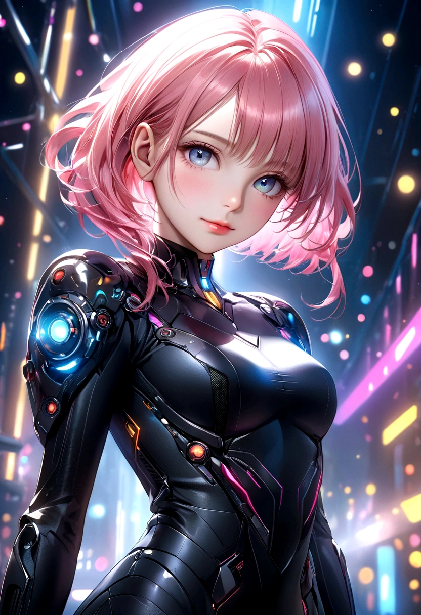 A girl with pink hair, beautiful detailed eyes, beautiful detailed lips, extremely detailed face, long eyelashes, wearing a black futuristic outfit, standing confidently in a dark futuristic setting, light smile, 4k, best quality, 8k, highres, masterpiece:1.2, ultra-detailed, realistic, photorealistic:1.37, HDR, studio lighting, ultra-fine painting, sharp focus, physically-based rendering, extreme detail description, professional, vivid colors, bokeh, anime style