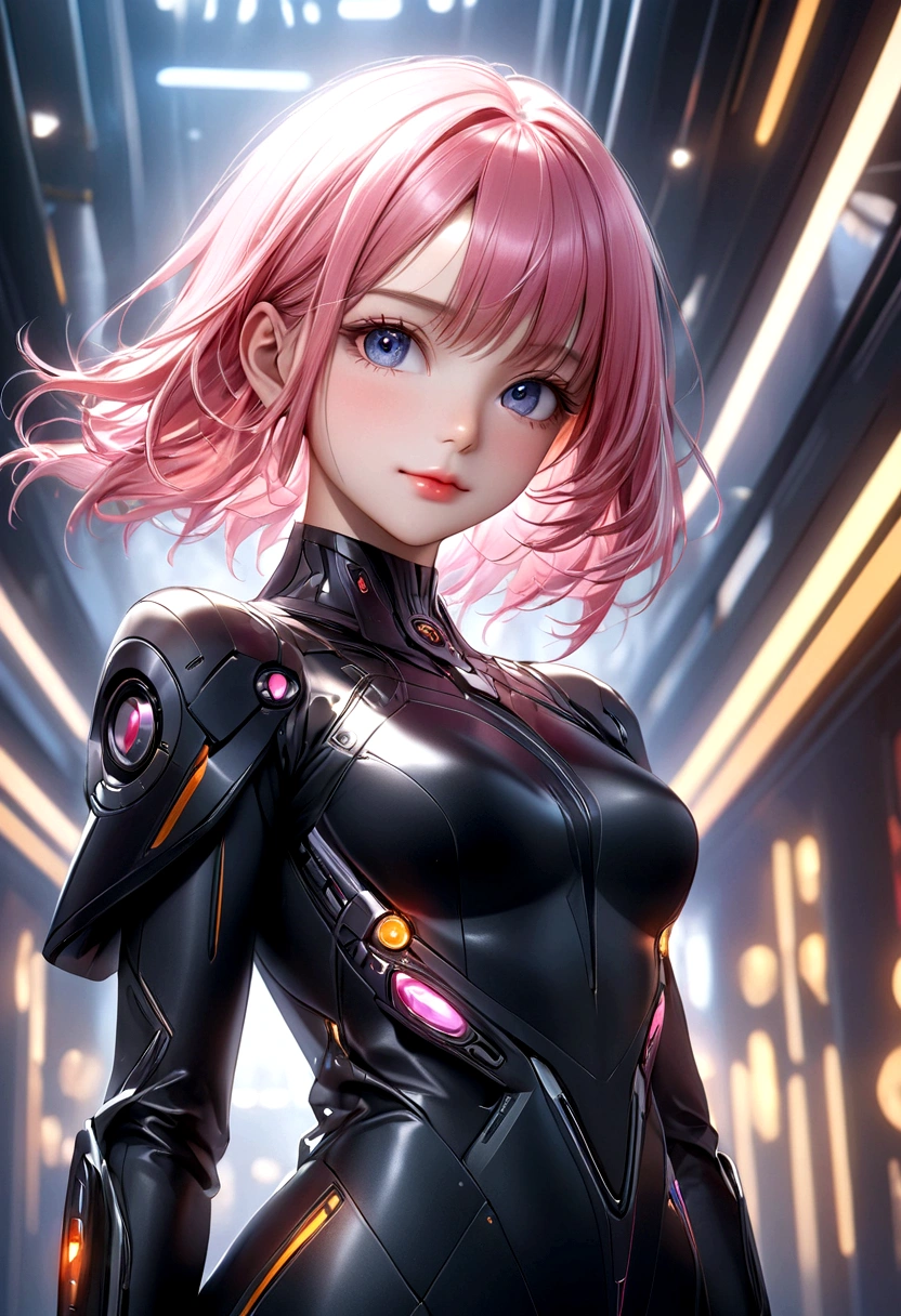 A girl with pink hair, beautiful detailed eyes, beautiful detailed lips, extremely detailed face, long eyelashes, wearing a black futuristic outfit, standing confidently in a dark futuristic setting, light smile, 4k, best quality, 8k, highres, masterpiece:1.2, ultra-detailed, realistic, photorealistic:1.37, HDR, studio lighting, ultra-fine painting, sharp focus, physically-based rendering, extreme detail description, professional, vivid colors, bokeh, anime style
