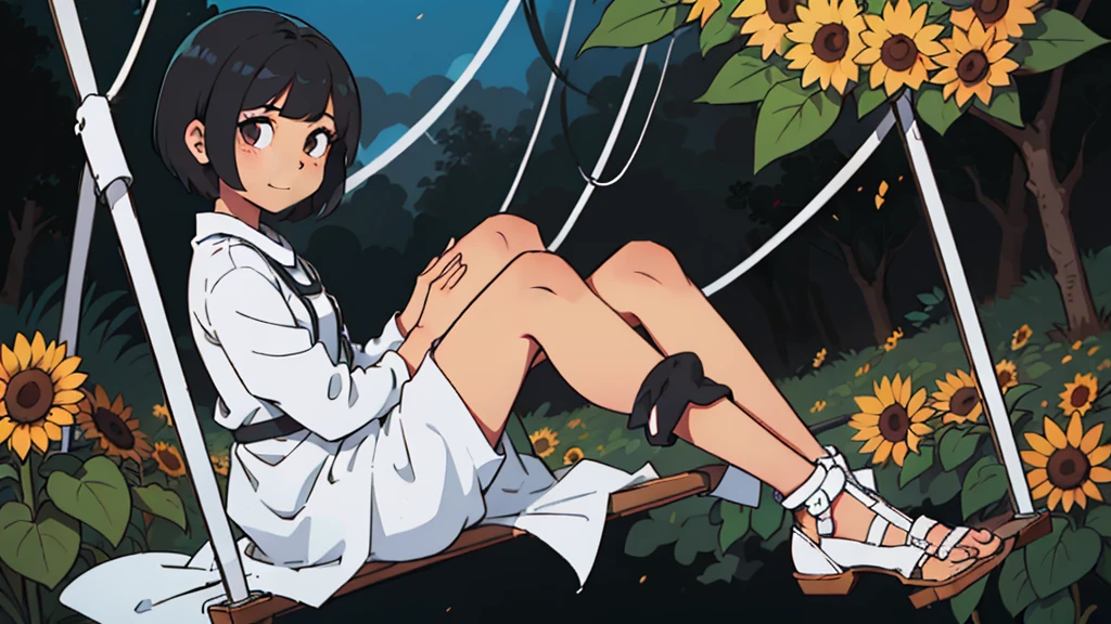 (1girl), indonesian, 20th age, beautiful, white skin, thin chin, white gown, sitting on a swing, body facing camera, black hair, short wave hair, anime style, sunflower garden background, anime style