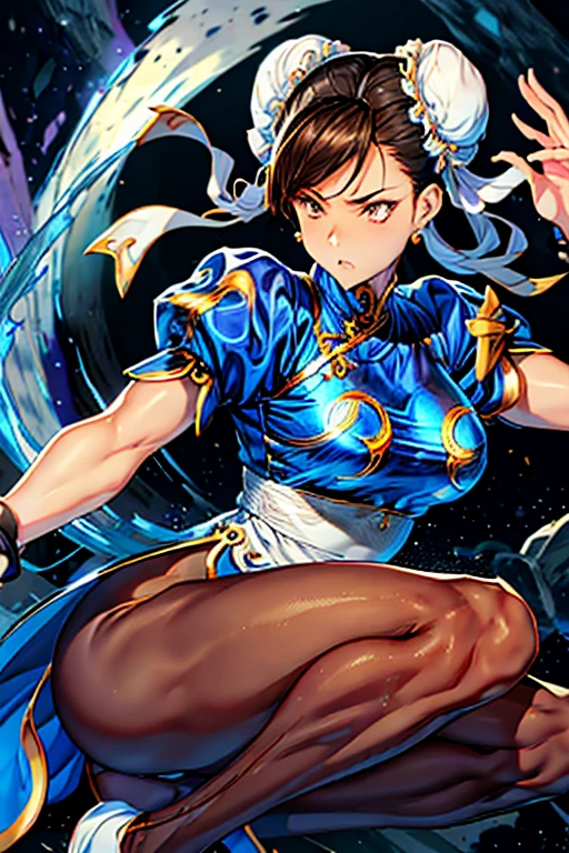 Chun-Li from Street Fight II,Chun-Li Costume,Blue Chinese dress with gold lines,Bunhead、Highest quality, 超High resolution、(High resolution)、(8K)、(Very detailed),Diagonal bangs、masterpiece, Highest quality, masterpiece, Highest quality, Brown eyes with white sclera, Bad move -5, alone, 1 Girl,  Brown Hair, From SF2,  Muscular woman, Blue clothes, pantyhose, Pelvic Curtain, Puff short sleeves.
Both hands tied with rope。
Both legs are tied with ropes。
On one knee。
pantyhoseは切り刻まれている。
The blue cheongsam is cut into pieces。
Bleeding from arms or legs。
Crippling。
I am in agony。
engulfed in flames。