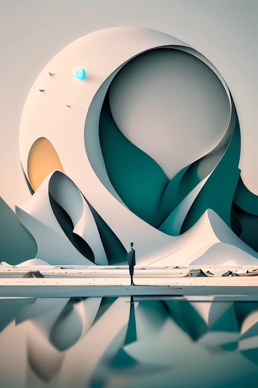 Abstract Figure in a Surrealistic Landscape: A slender, elongated form of a human figure, rendered in stark minimalism, stands against a backdrop of a desolate, yet surreal landscape. The figure is devoid of traditional facial features, yet its presence is undeniable, a silent observer in the vacant, dream-like surroundings. The horizon blurs with pastel hues, hinting at a distant, unreachable world, while the ground beneath the figure is a canvas of infinite white. A single, glowing orb hovers above the figure, casting an ethereal light on the scene, underscoring the enigmatic nature of the scene.