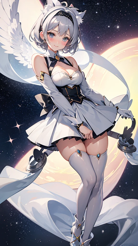 Magical girl Grey Costume Grey medium hair Short mini skirt No sleeve Long gloves Headband Cleavage blush smile standing facing this way universe space
