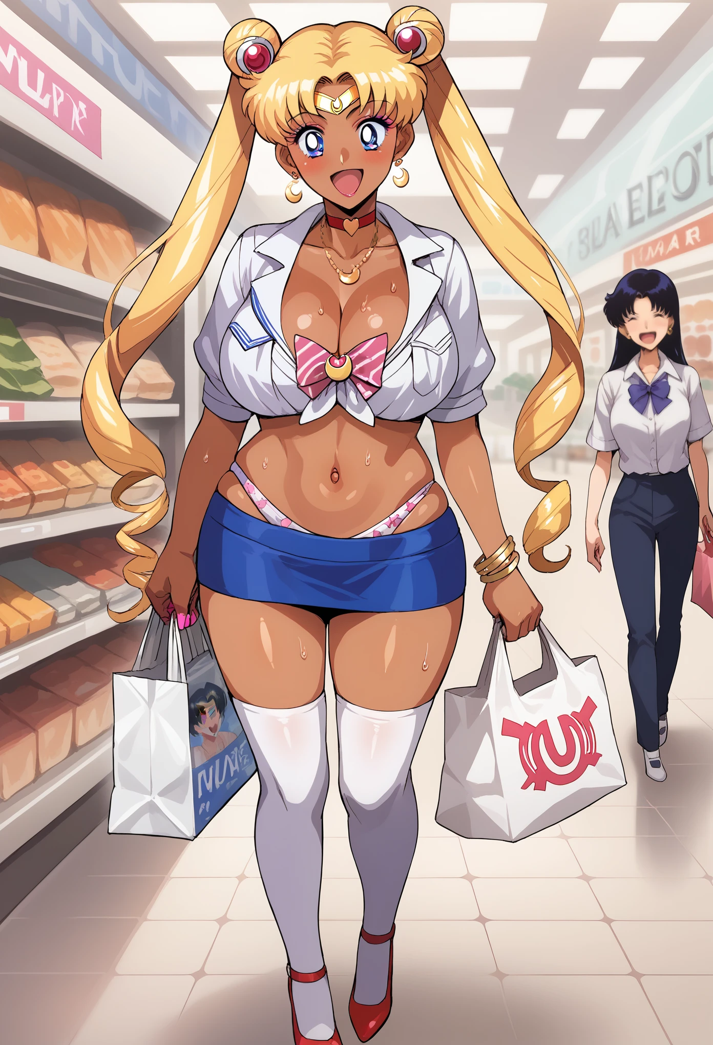 score_9, score_8_up, score_7_up, source_anime BREAK 1girl, Tsukino Usagi, (sailor moon, blonde hair, twintails, circlet, jewelry, crescent earrings),(print lingerie), (print bra), (print panties), white thighhighs), (shop, mall, clothes shop, business), (blush, excited, happy, smile, open mouth, shopping bag, waling, sweat), large breasts, blush, rating_questionable, gyaru, slutty_clothes, 