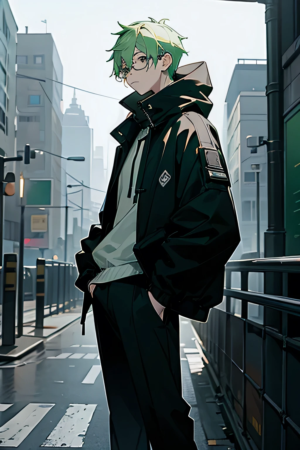 1male, light green hair, black eyes, glasses, expressionless, baggy black hood jacket, black pants, city background, detailed background, hands to side, standing on path