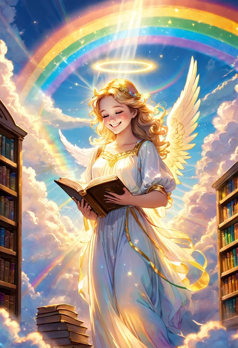 An angel smiling and reading an ancient book glowing golden in rainbow light, heavenly library, above the clouds, rainbow light