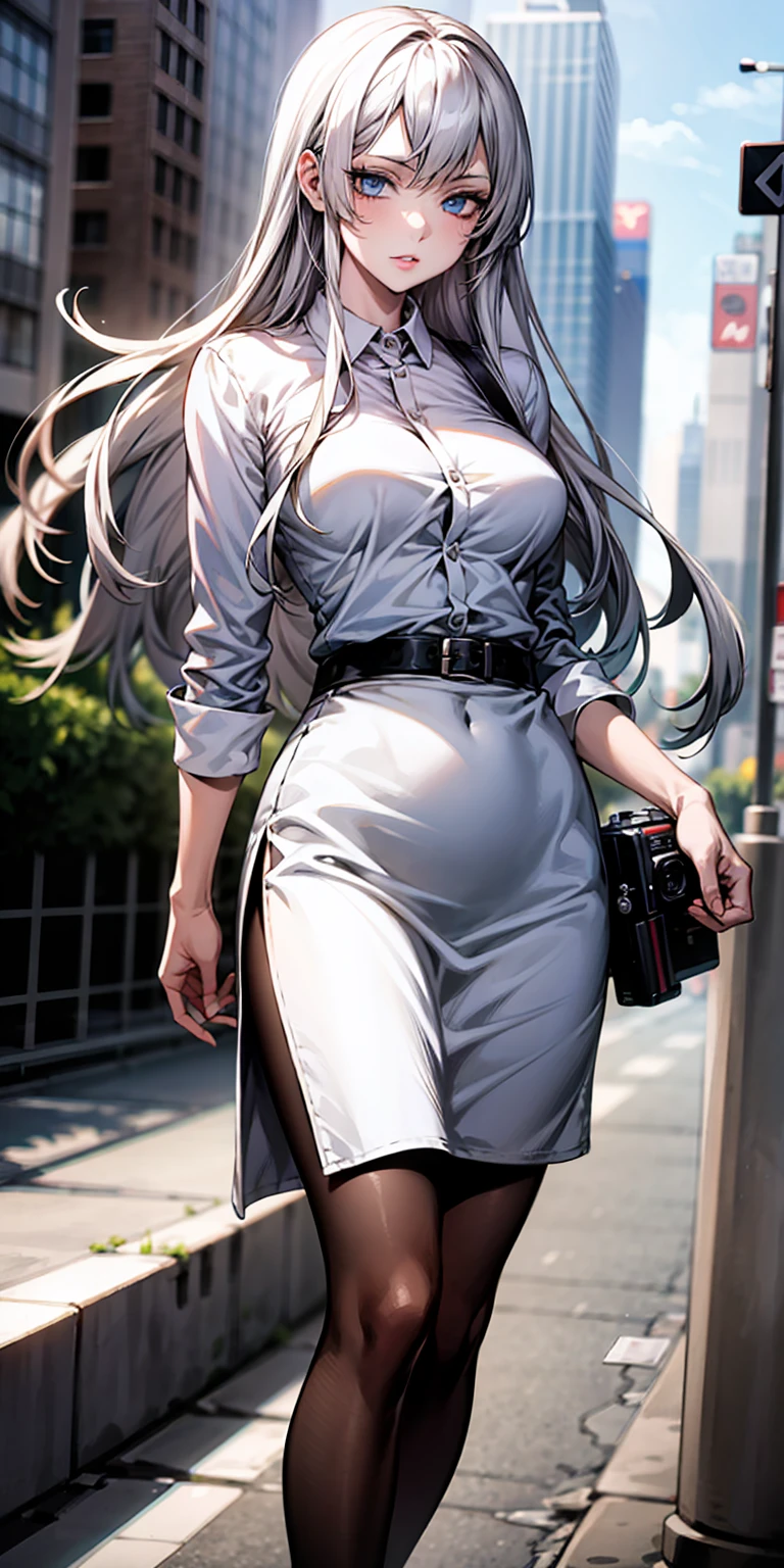 Ridiculous resolution, high resolution, (masterpiece:1.4), Extremely detailed, 1 Girl,blue eyes, Long blond hair,White skirt, White handbags、Pantyhose、City Streets,Sexy pose, The camera is close to your body