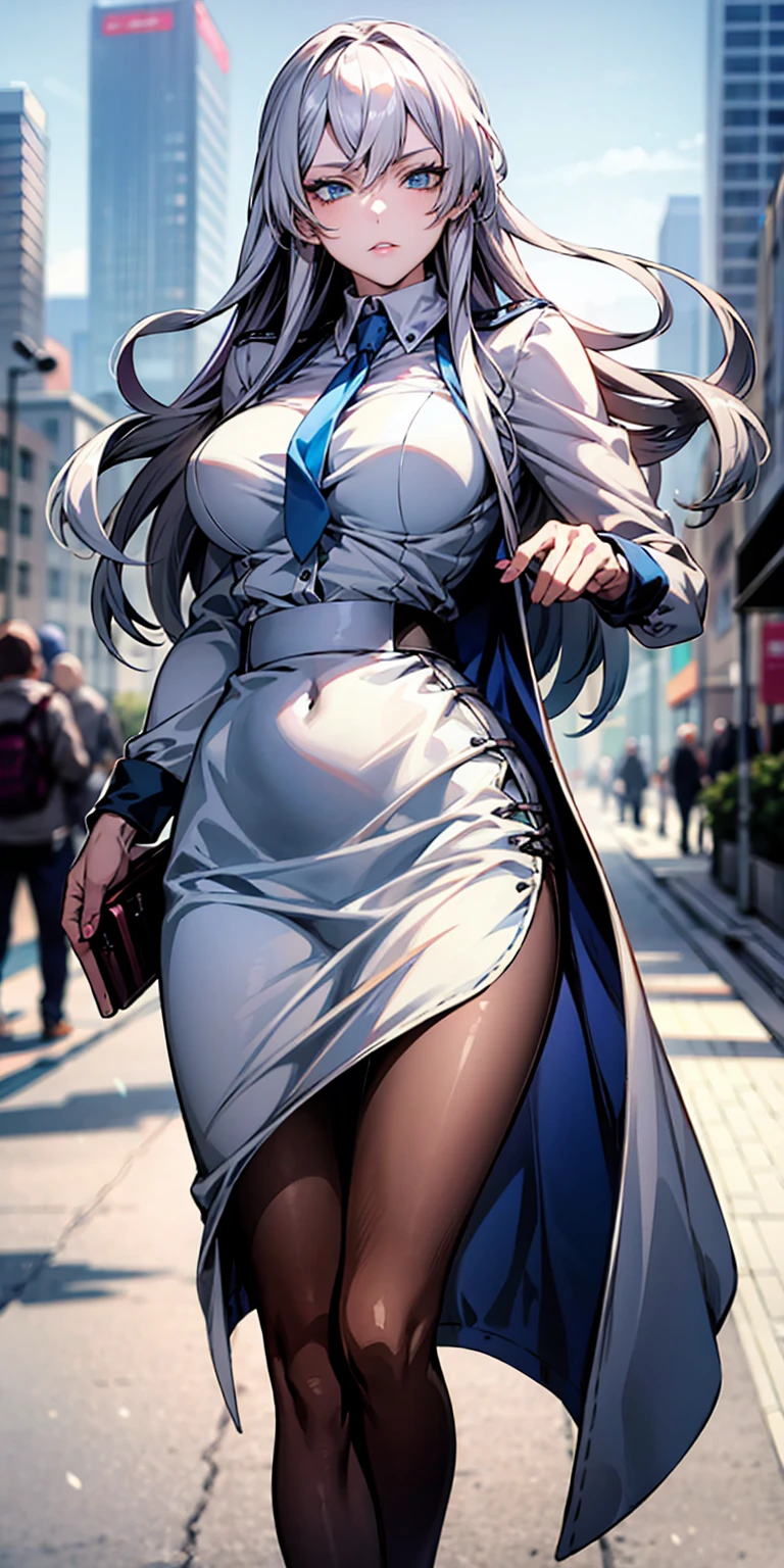 Ridiculous resolution, high resolution, (masterpiece:1.4), Extremely detailed, 1 Girl,blue eyes, Long blond hair，White skirt, White handbags、Pantyhose、City Streets,Sexy pose, The camera is close to your body