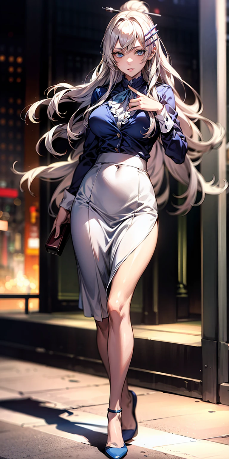 Ridiculous resolution, high resolution, (masterpiece:1.4), Extremely detailed, 1 Girl,blue eyes, Long blond hair，White skirt, White handbags、Pantyhose、City Streets,Sexy pose, The camera is close to your body