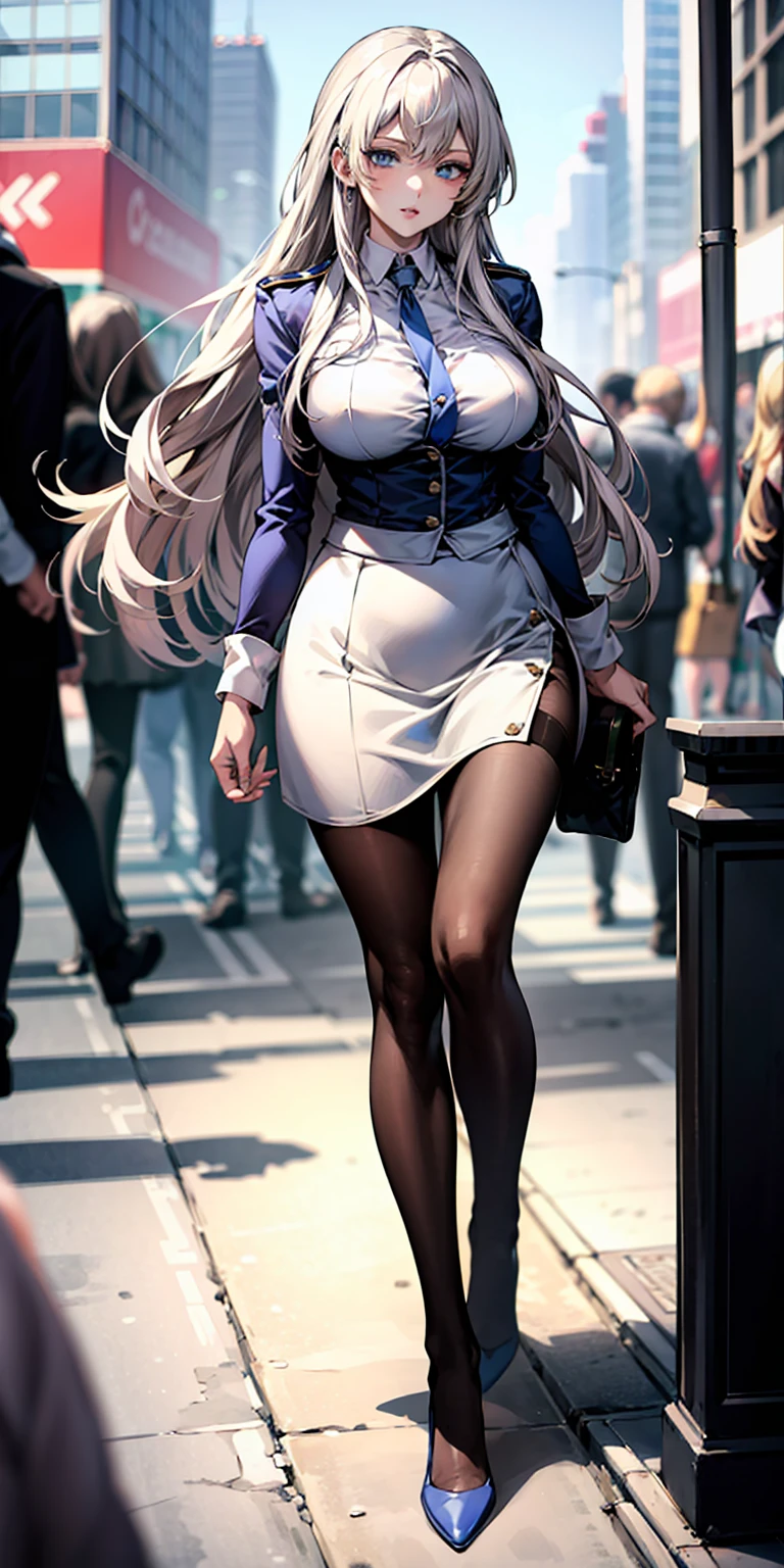 Ridiculous resolution, high resolution, (masterpiece:1.4), Extremely detailed, 1 Girl,blue eyes, Long blond hair，White skirt, White handbags、Pantyhose、City Streets,Sexy pose, The camera is close to your body