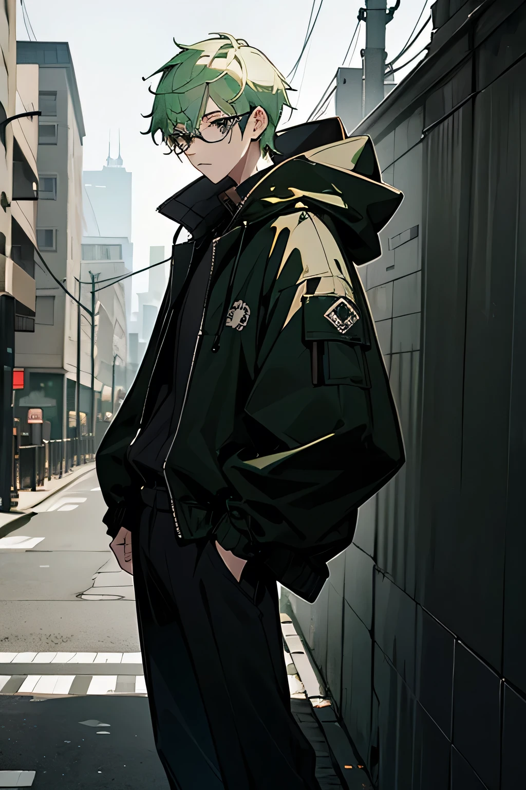 1male, light green hair, black eyes, glasses, expressionless, baggy black hood jacket, black pants, city background, detailed background, hands to side, standing on path