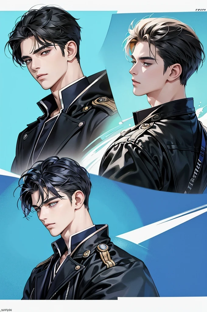 [best quality, ultra-detailed, realistic:1.37], side view portrait of a 20-year-old handsome boy with striking features, [blue] background, anime comics version