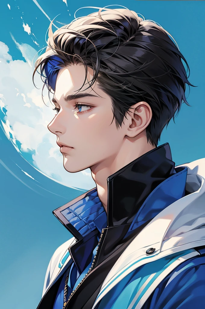 [best quality, ultra-detailed, realistic:1.37], side view portrait of a 20-year-old handsome boy with striking features, [blue] background, anime comics version