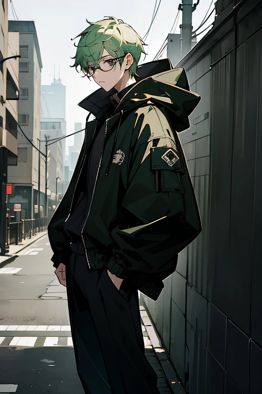 1male, light green hair, black eyes, glasses, expressionless, baggy black hood jacket, black pants, city background, detailed background, hands to side, standing on path
