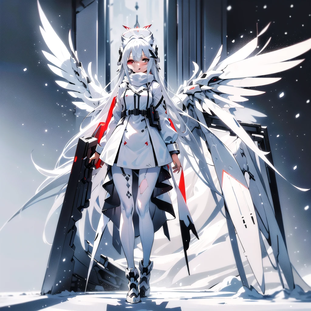 masterpiece, highest quality, highest resolution, clear_image, detailed details, White hair, long hair, cat ears, one girl, red eyes, white pantyhose, sci-fi military clothing, white scarf with a light blue glow, gray futuristic halo (gray halo over the head), white wings (4 wings), cute, full body, no water marks, snow (falling snow)