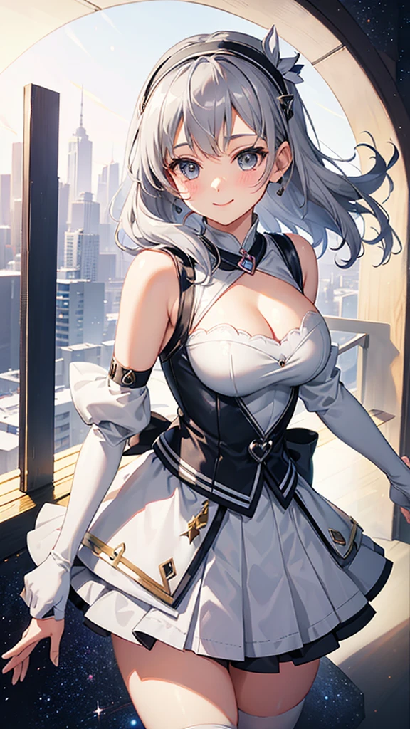 Magical girl Grey Costume Grey medium hair Short mini skirt No sleeve Long gloves Headband Cleavage blush smile standing facing this way universe space