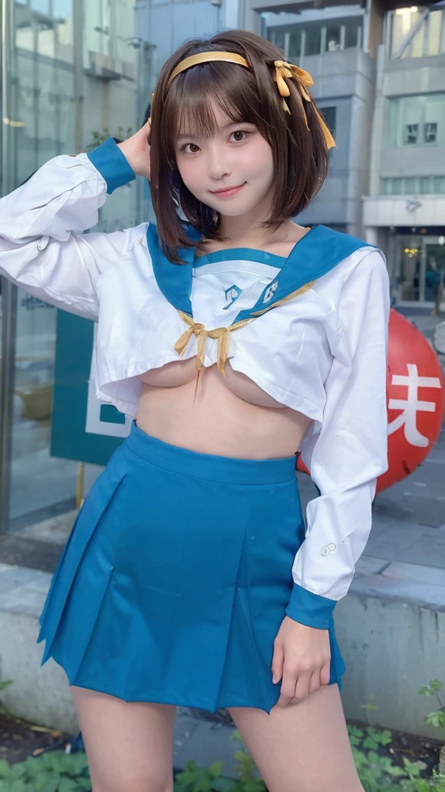 One Girl:1.5,Fair skin,Shyness,high school student、Sexy pose、Highest quality, shape, Very detailed, finely, High resolution, 8k wallpaper, Beautiful and exquisite, Natural Lip, whole body,bangs、University garden、(High School Uniform),Brown Hair、(Thighs)、The correct five fingers、Looking into the camera, (ample bosom), (RAW Photos:1.2), (Realistic:1.4),(masterpiece:1.3),(Highest quality:1.4),超High resolution,(Fine grain),(Detailed facial features),(Detailed clothing features),High resolution,8K resolution, Focus Only, View your viewers, (bangs:1.1), dream-like, (Very detailedなイラスト), One girl,cute, Innocent, (smile), (whole body) , Haruhi_srf, White long sleeve shirt with blue collar, Blue Skirt, Yellow ribbon, Are standing,Yellow headband、(I can see the breasts),(Nipples are visible),(Bobcut)