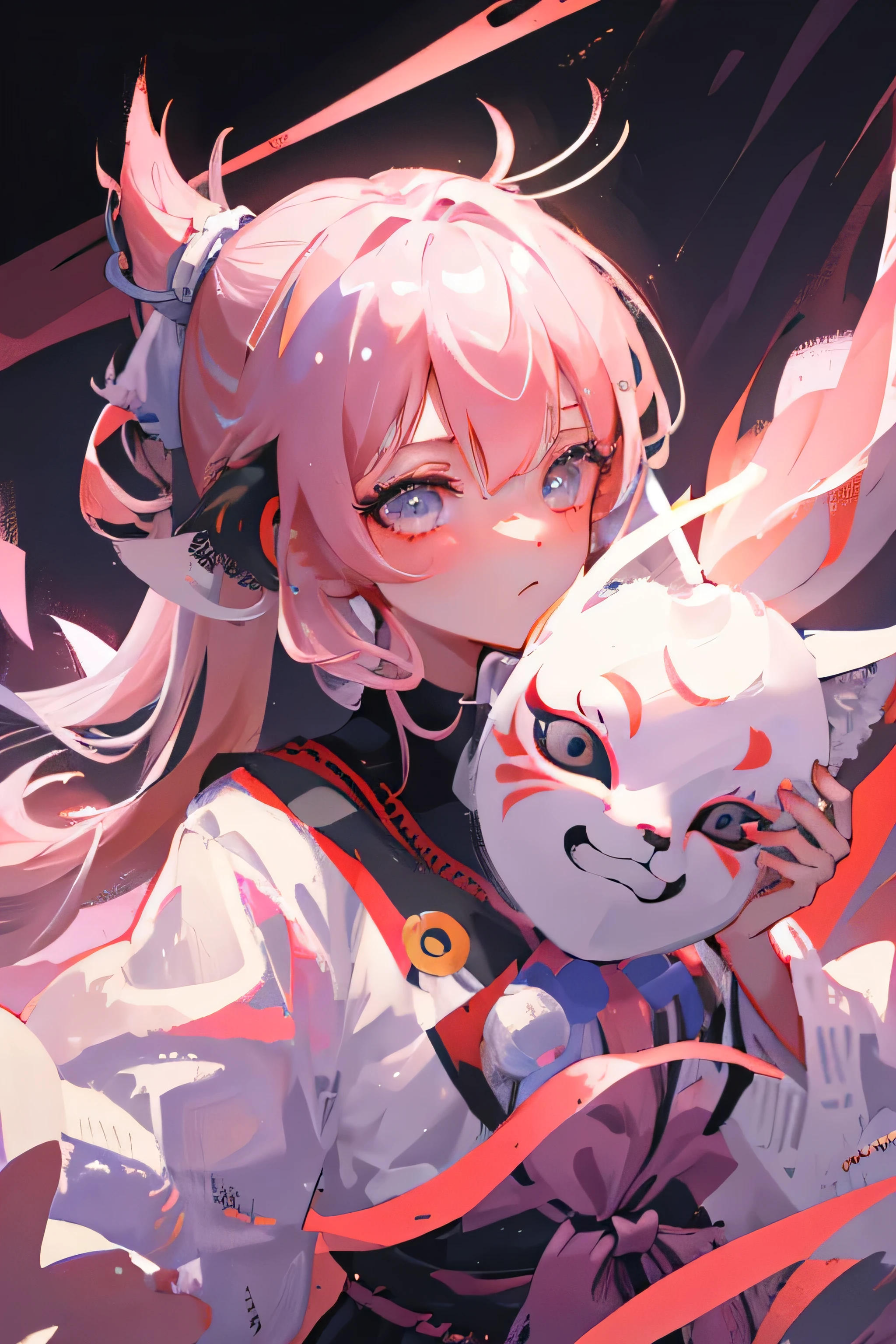 1 girl, pink hair, side ponytail, silver grey eyes, miko outfit and kitsune mask ontop of head, martial arts, fists on fire