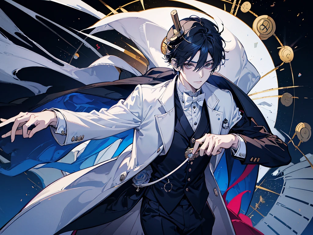 anime boy in a white suit and hat holding a stopwatch, holding a pocket watch, inspired by Okumura Togyu, 2 d anime style, he is wearing a top hat, wearing a monocle, cel shaded anime, cel - shaded art style, he is wearing a hat, inspired by Junpei 