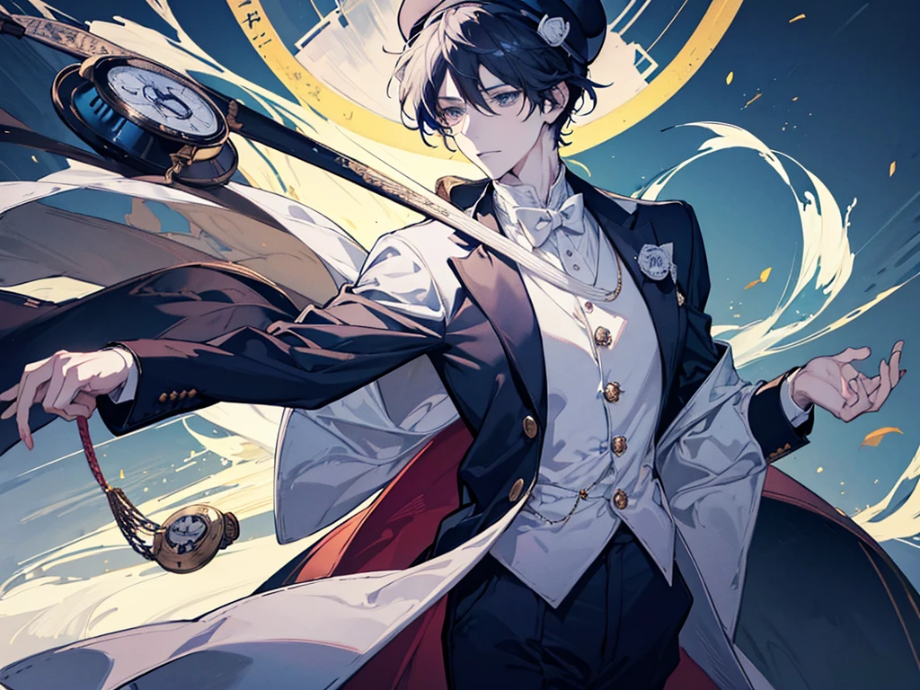 anime boy in a white suit and hat holding a stopwatch, holding a pocket watch, inspired by Okumura Togyu, 2 d anime style, he is wearing a top hat, wearing a monocle, cel shaded anime, cel - shaded art style, he is wearing a hat, inspired by Junpei