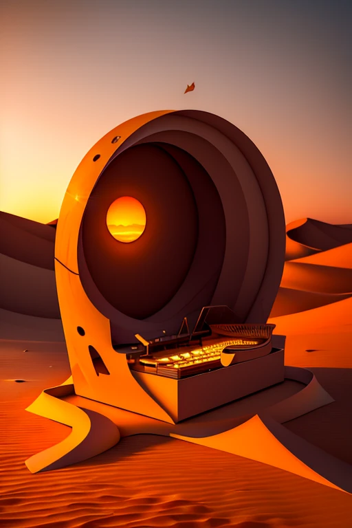 Minimalistic Surrealism: A Lone Piano in an Endless Desert
In a realm where reality dissolves into the surreal, a solitary grand piano stands tall against a backdrop of infinite sand dunes. The sun, a vibrant orb of molten gold, dips low, casting elongated shadows that dance across the desert floor. The piano keys, worn smooth from untold ages, glint with the fading light, their silent silence hinting at a symphony once played in this desolate place. The wooden body, weathered and worn, stands as a testament to the passage of time, both on the instrument and the world around it. This minimalistic surrealism inv