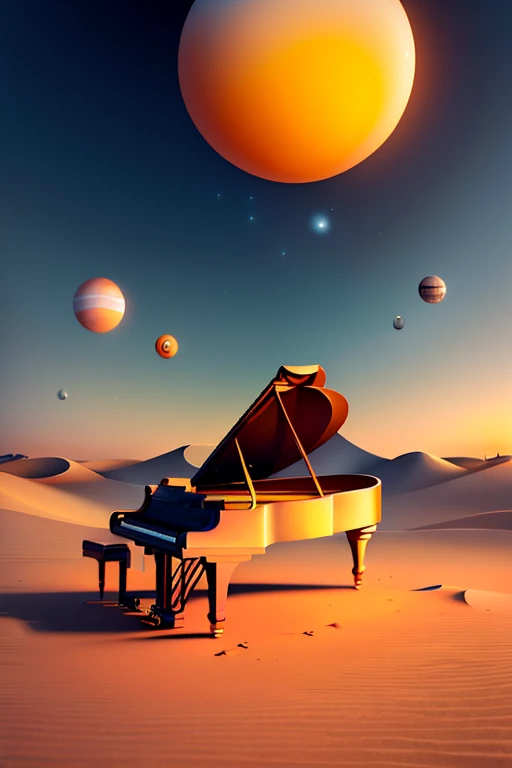 Minimalistic Surrealism: A Lone Piano in an Endless Desert
In a realm where reality dissolves into the surreal, a solitary grand piano stands tall against a backdrop of infinite sand dunes. The sun, a vibrant orb of molten gold, dips low, casting elongated shadows that dance across the desert floor. The piano keys, worn smooth from untold ages, glint with the fading light, their silent silence hinting at a symphony once played in this desolate place. The wooden body, weathered and worn, stands as a testament to the passage of time, both on the instrument and the world around it. This minimalistic surrealism inv