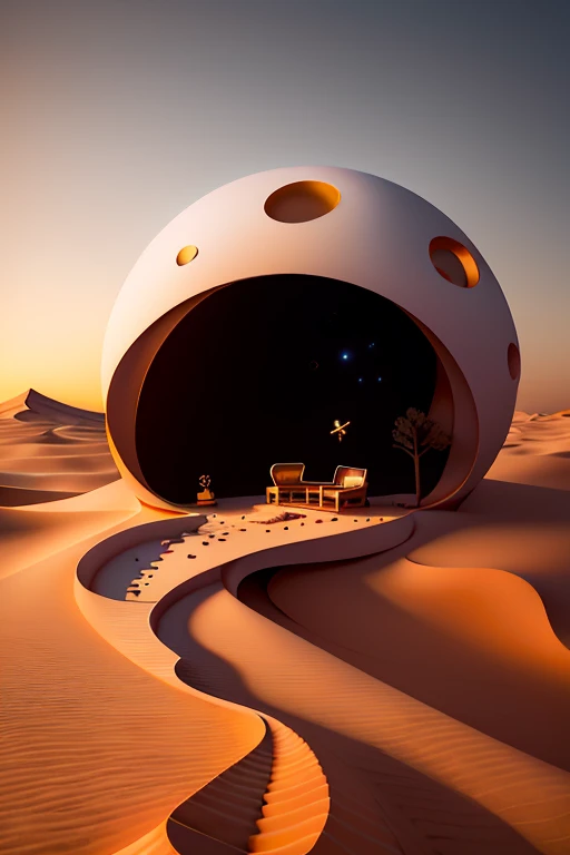 Minimalistic Surrealism: A Lone Piano in an Endless Desert
In a realm where reality dissolves into the surreal, a solitary grand piano stands tall against a backdrop of infinite sand dunes. The sun, a vibrant orb of molten gold, dips low, casting elongated shadows that dance across the desert floor. The piano keys, worn smooth from untold ages, glint with the fading light, their silent silence hinting at a symphony once played in this desolate place. The wooden body, weathered and worn, stands as a testament to the passage of time, both on the instrument and the world around it. This minimalistic surrealism inv