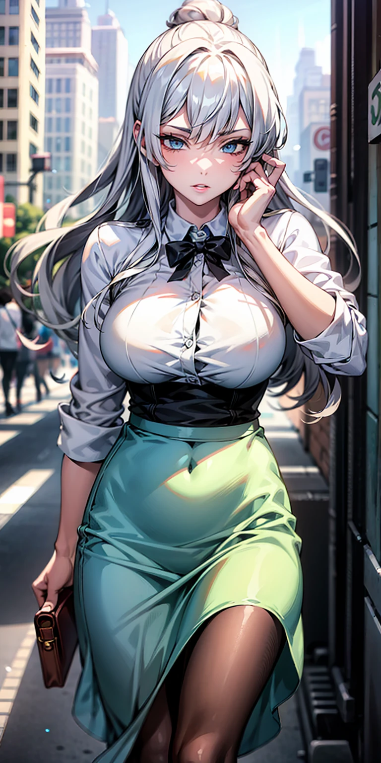 Ridiculous resolution, high resolution, (masterpiece:1.4), Extremely detailed, 1 Girl,blue eyes, Long blond hair，White skirt, White handbags、Pantyhose、City Streets,Sexy pose, The camera is close to your body