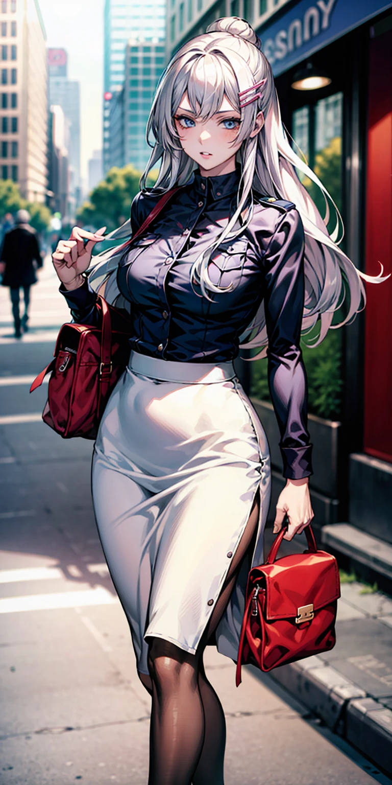 Ridiculous resolution, high resolution, (masterpiece:1.4), Extremely detailed, 1 Girl,blue eyes, Long blond hair，White skirt, White handbags、Pantyhose、City Streets,Sexy pose, The camera is close to your body