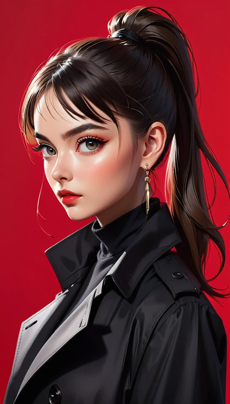 (masterpiece，high quality，8K).beautiful girl，Skin details，Bright Eyes，High Ponytail，Exaggerated earrings，Unique，Staring at the audience），（Black trench coat suit：1.37）。Light and Shadow，Clean and simple red background